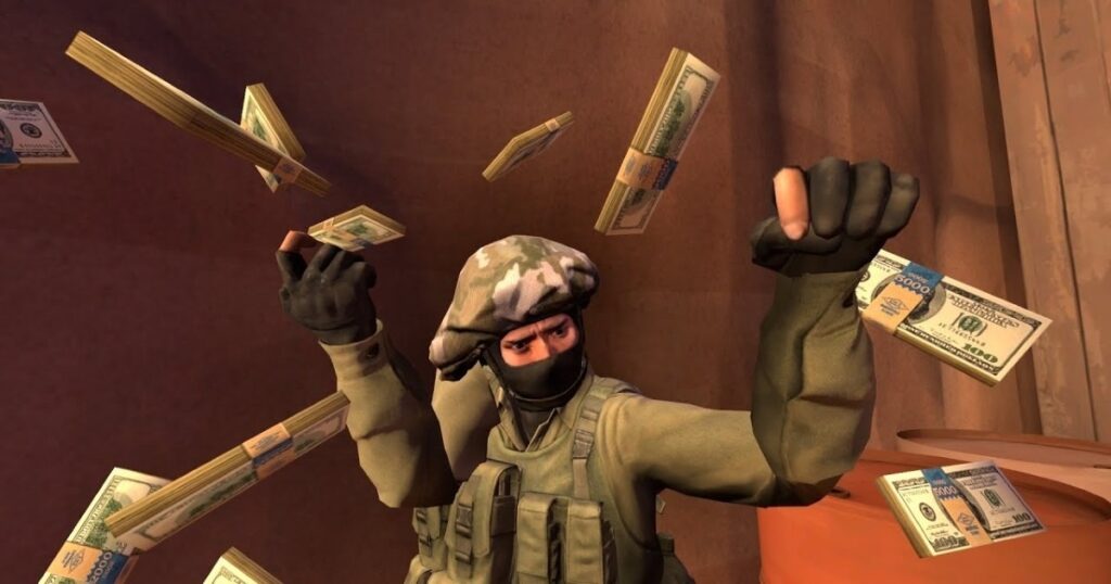 Terrorista do CS:GO com mãos pra cima com dinheiro caindo