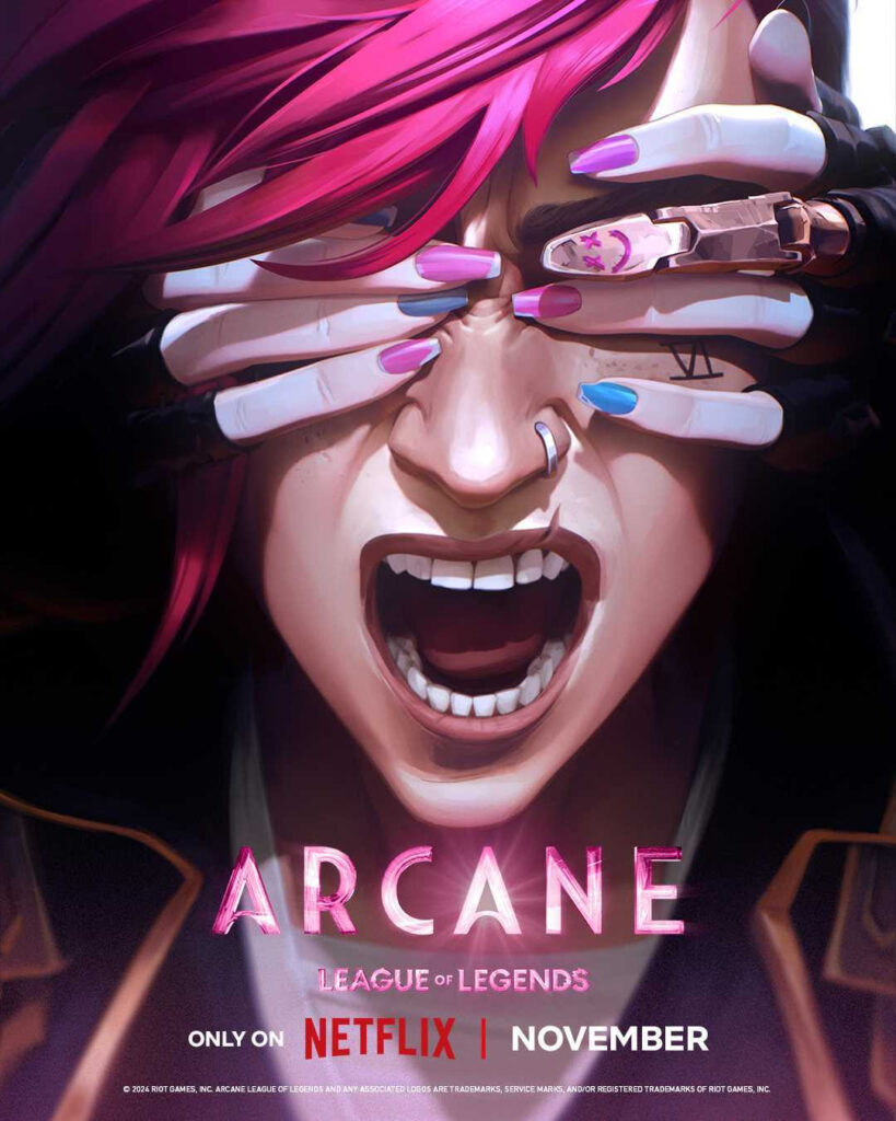 Personagem Vi com expressão forte e mãos de Jinx cobrindo os olhos da irmã