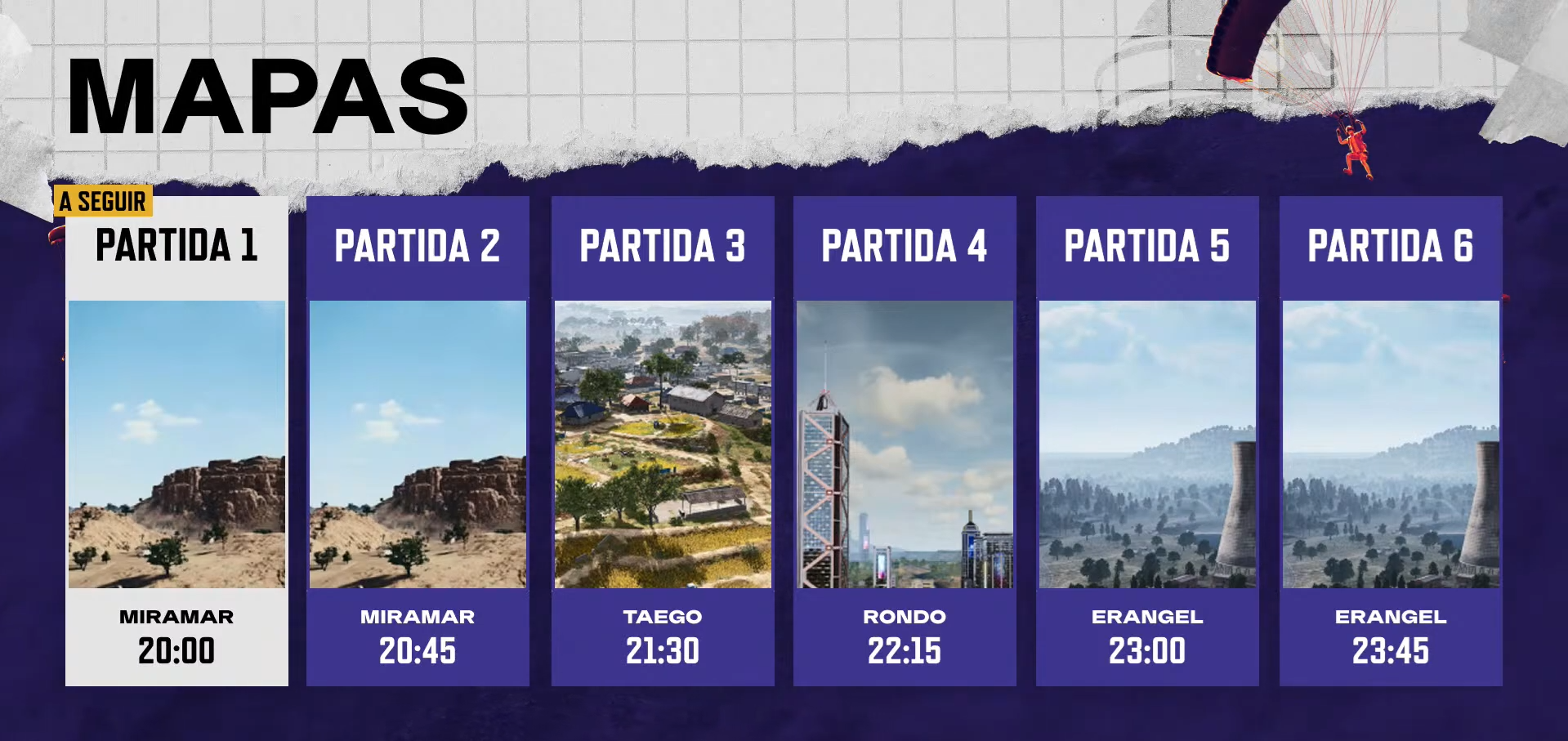 imagem explicativa dos mapas disputados do primeiro dia da grande final da PUBG Americas Series