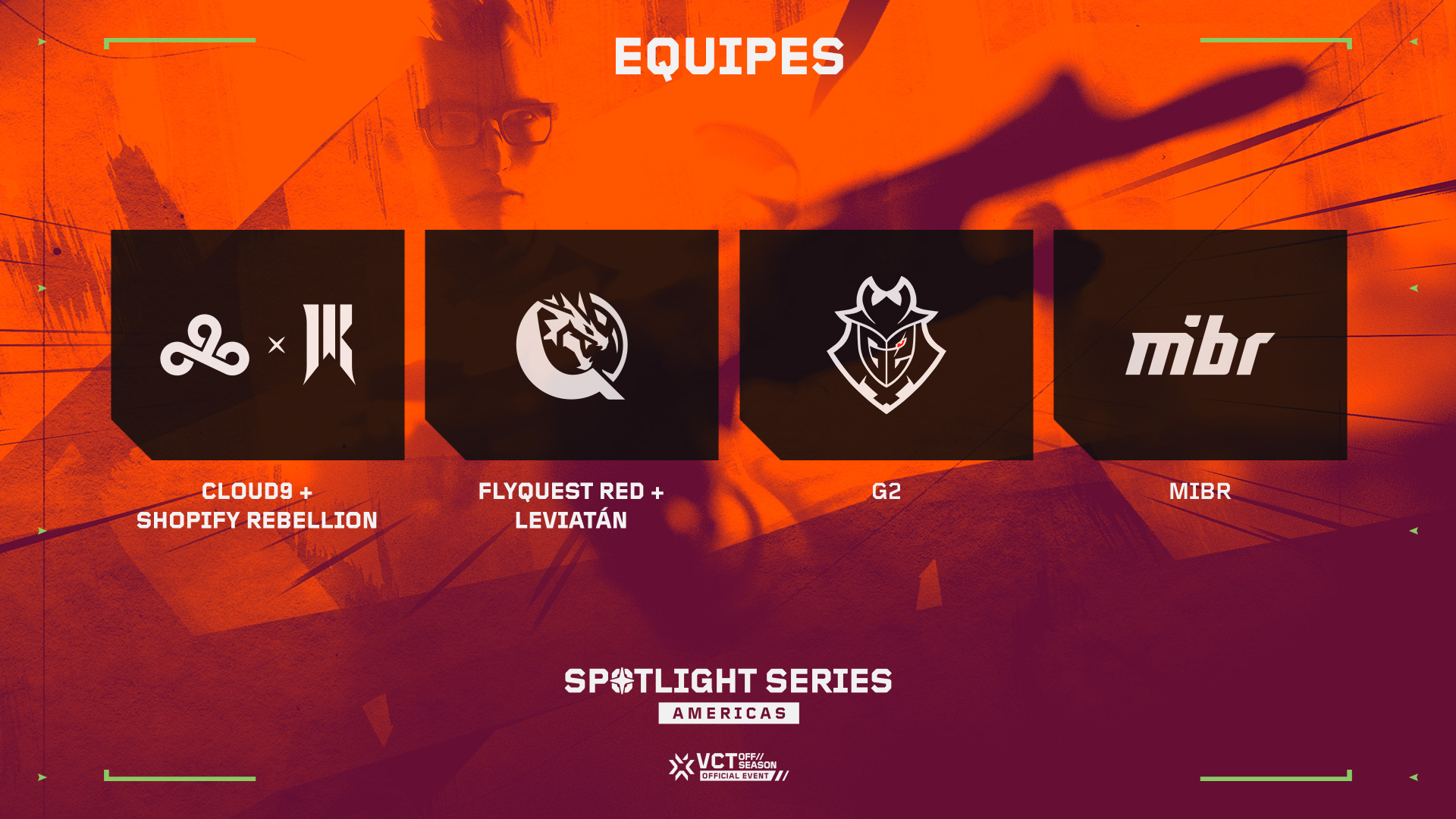 lista com as equipes de VALORANT misto que participam do Spotlight Series Americas